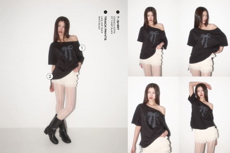 リボンシャーリング オフショルダーTシャツ（ブラック）