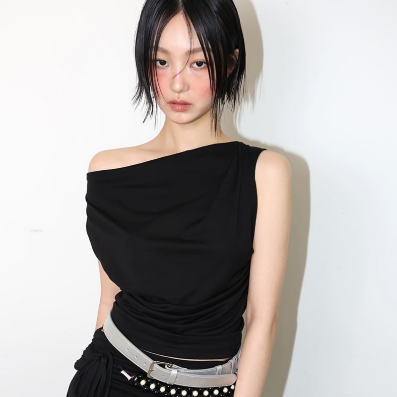 JERSEY SHIRRING LOGO SLEEEVELESS - BLACK