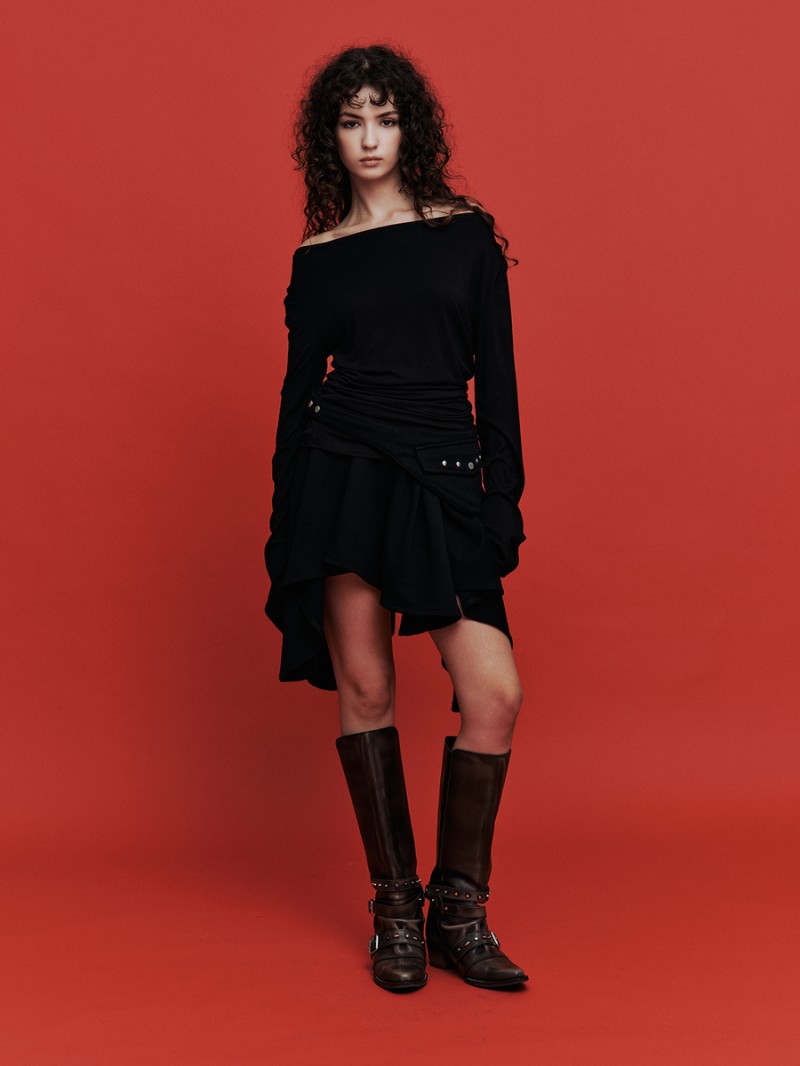 ドレープフード ロングスリーブ トップ（ブラック）