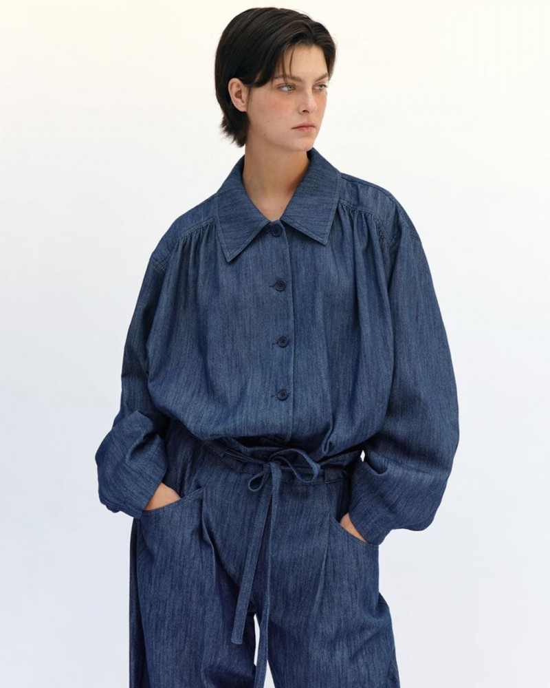 SHIRRING DENIM SHIRT_Denim