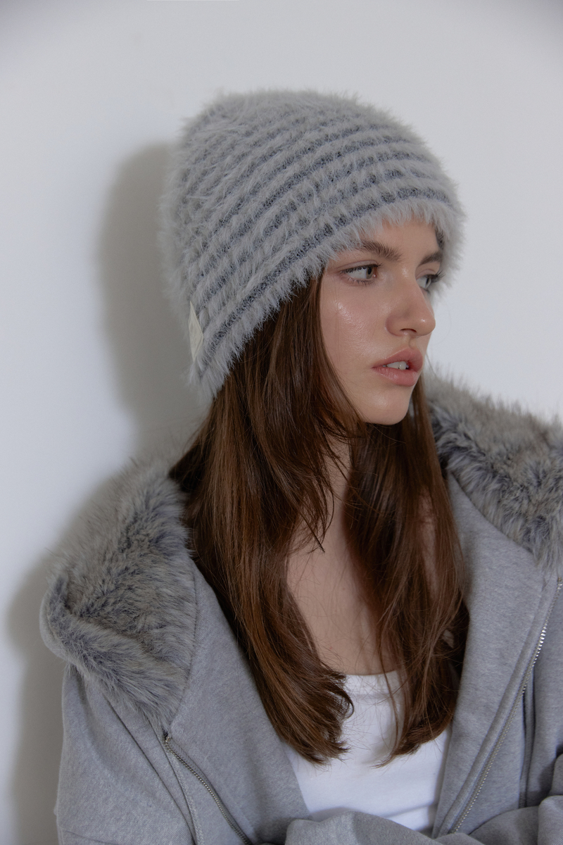 フラッフィー ストライプ ビーニー (ライトグレー) | ASURA | HANA(ハナ) #11