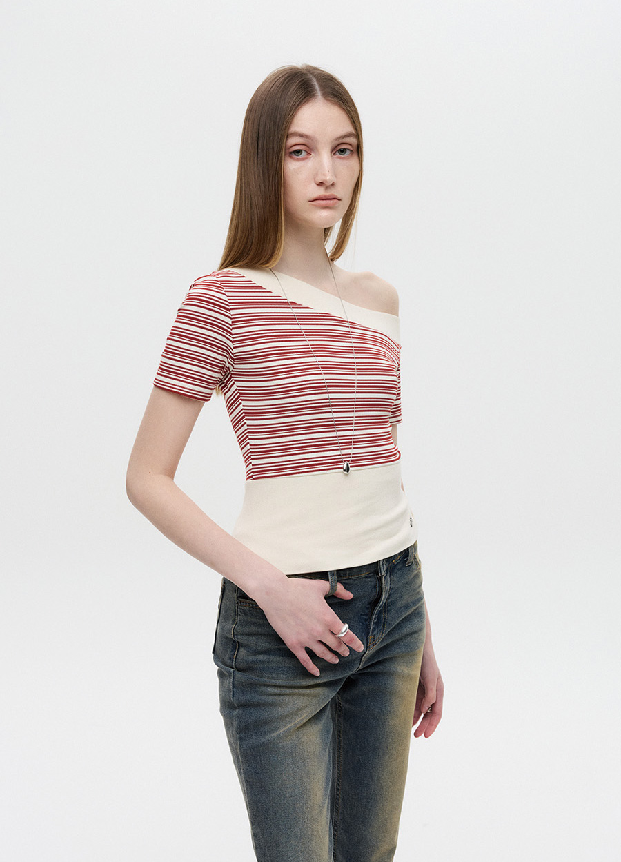 ストライプワンショルダークロップドTシャツ (レッド) | DNSR | HANA(ハナ) #3