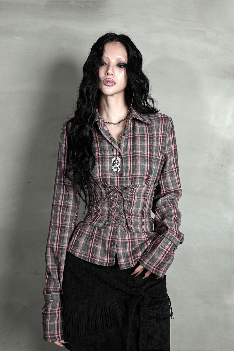 チェックコルセットシャツ #ピンクグレー | Darling You Are Bad | HANA(ハナ) #9