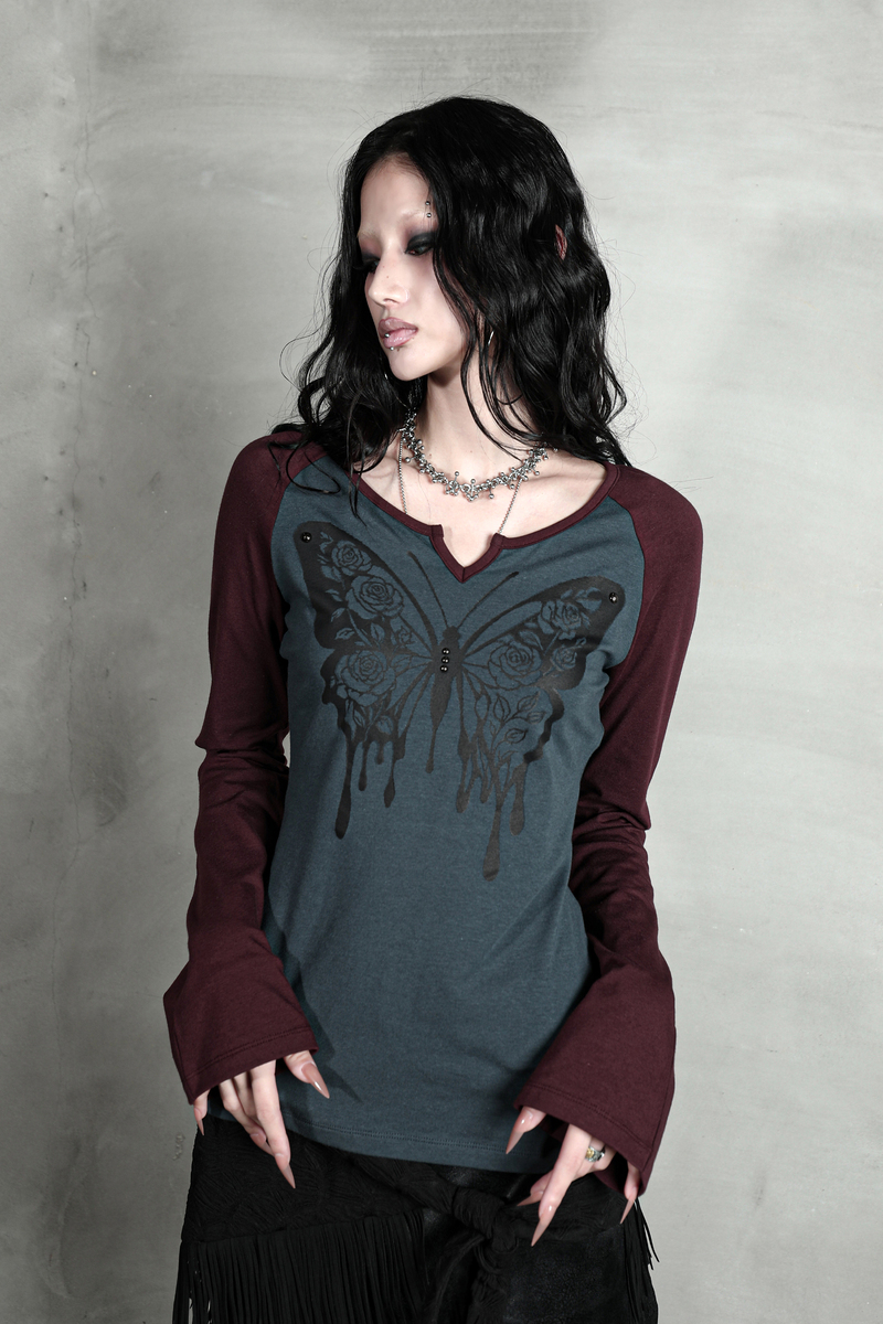 ローズバタフライラグランTシャツ #ワインブルー | Darling You Are Bad | HANA(ハナ) #7