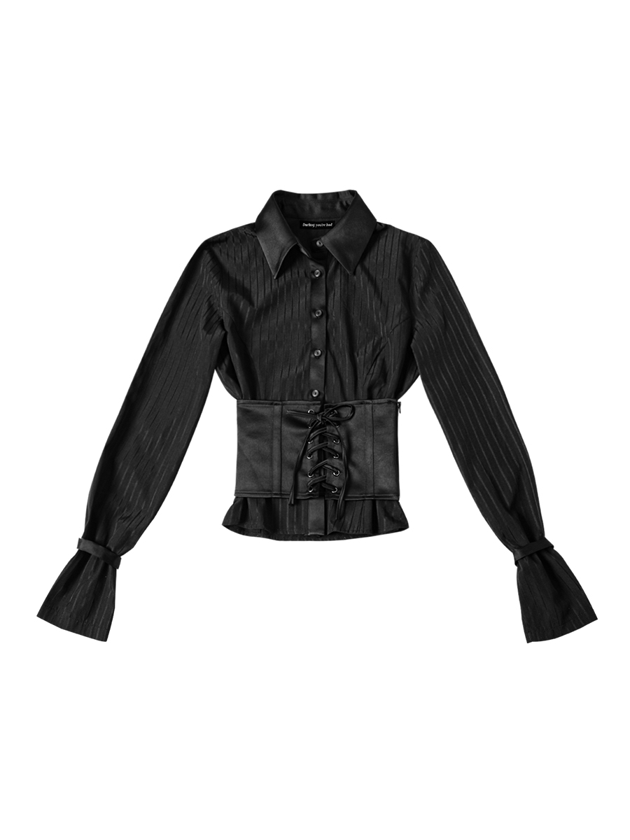 サテンミックスコルセットシャツ #ブラックストライプ | Darling You Are Bad | HANA(ハナ) #1