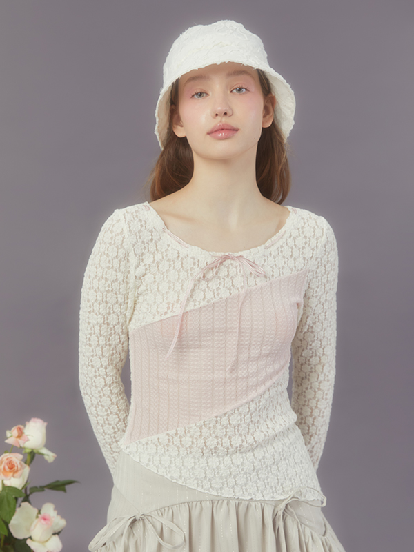 レース パッチワーク Tシャツ（クリーム） | Margarin Fingers | HANA(ハナ) #1