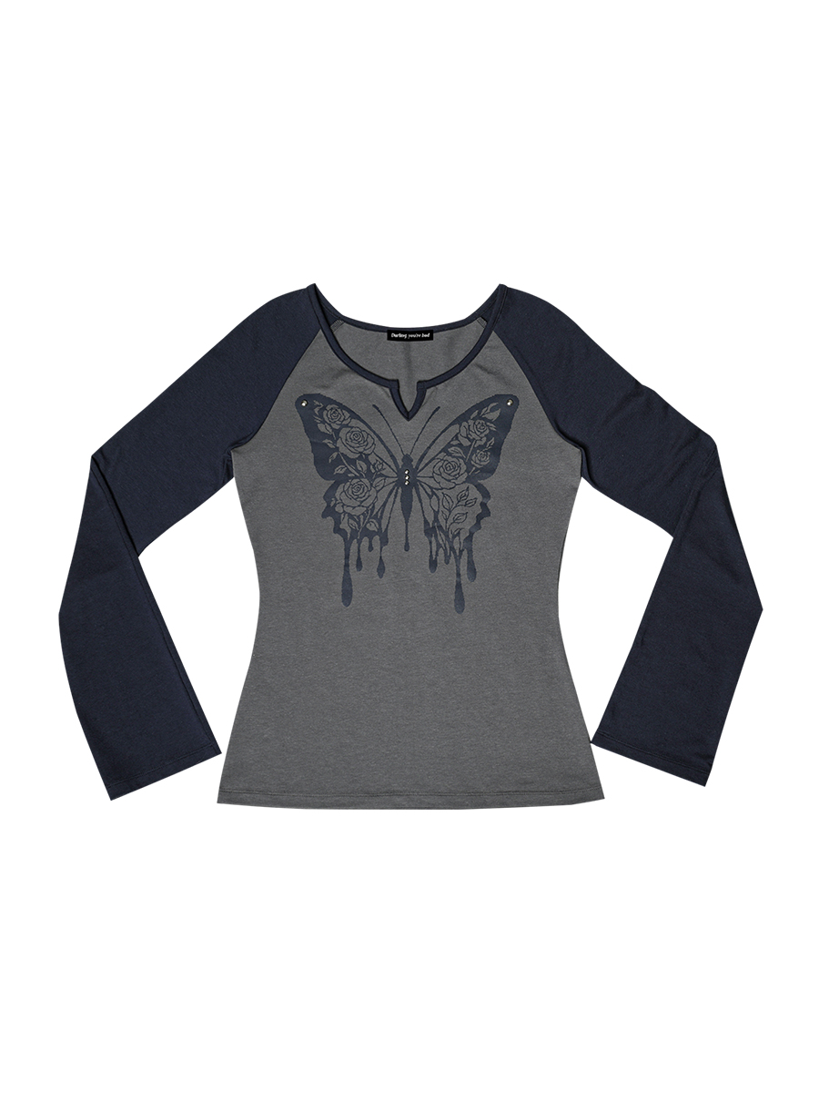 ローズバタフライラグランTシャツ #ネイビーグレー | Darling You Are Bad | HANA(ハナ) #1