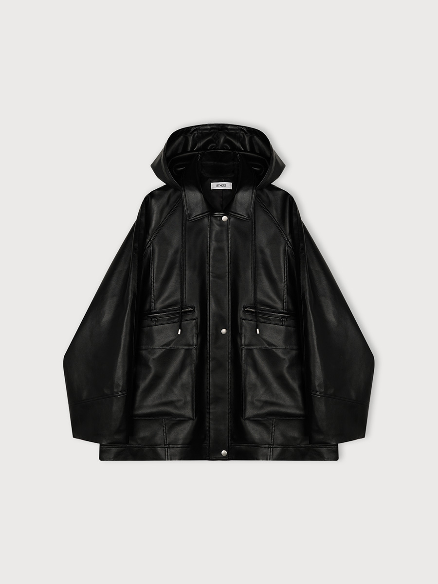 HOODED POCKET LEATHER JACKET_BLACK | ETHOS | HANA(ハナ) #1