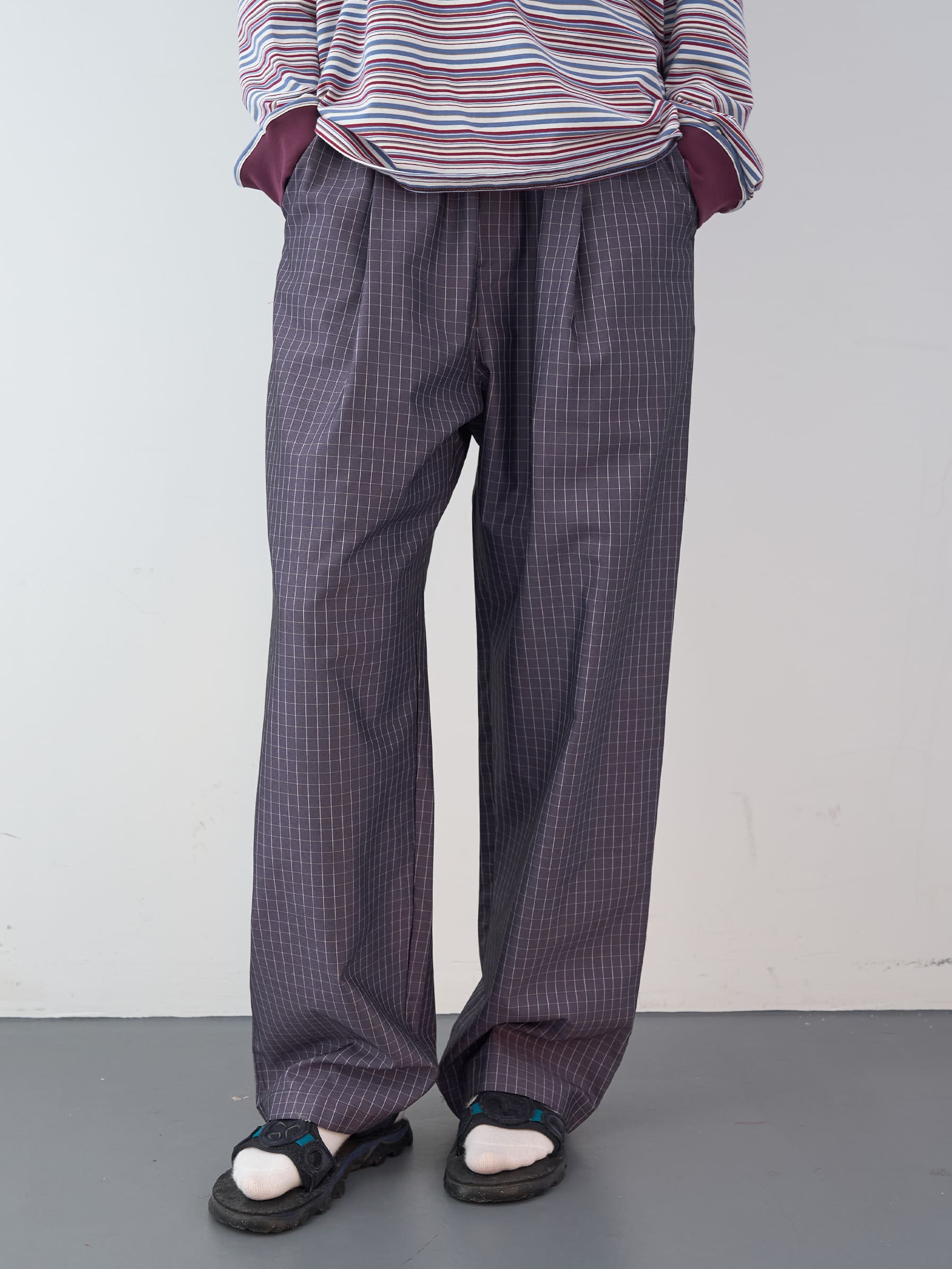 グロッシーチェックワイドバンディングパンツ (パープル) | ENZO BLUES | HANA(ハナ) #1