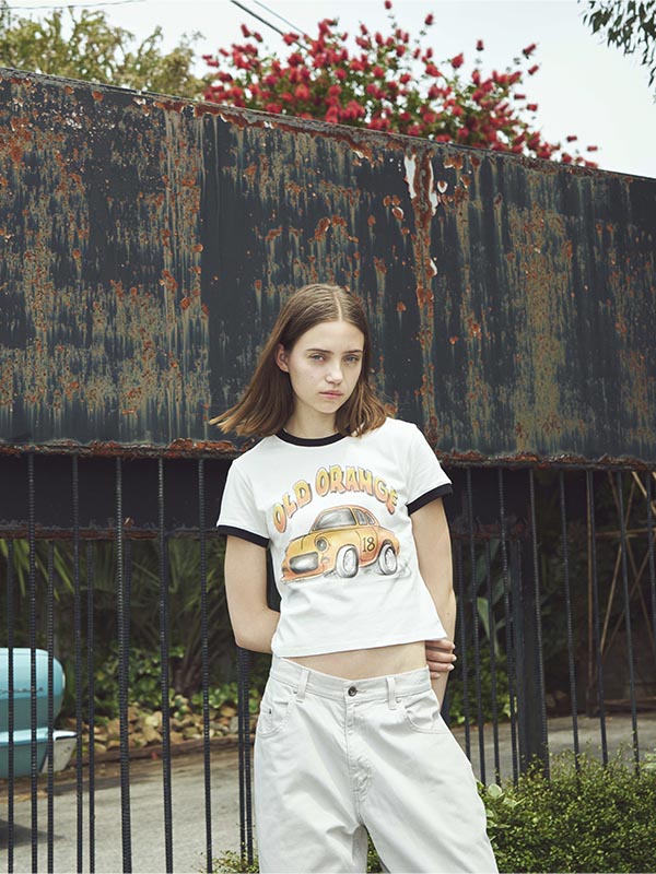 クロップ オールド オレンジ Tシャツ_ホワイト | BONRROW | HANA(ハナ) #1