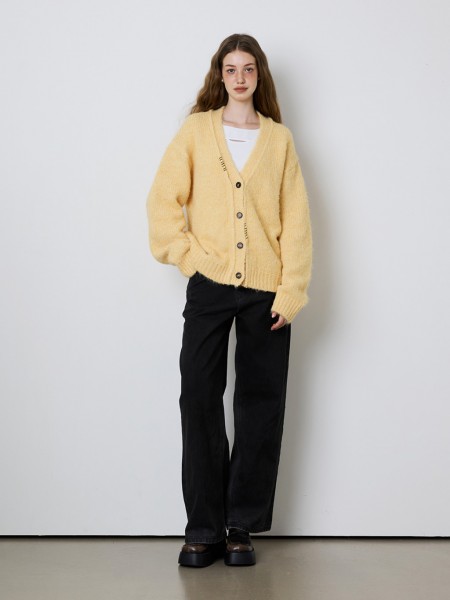 デストロイド ラウンドウールニット カーディガン_[ブラック] | LECYTO