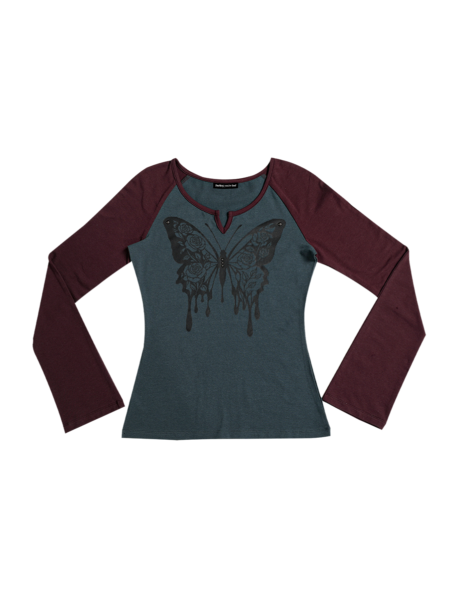 ローズバタフライラグランTシャツ #ワインブルー | Darling You Are Bad | HANA(ハナ) #1