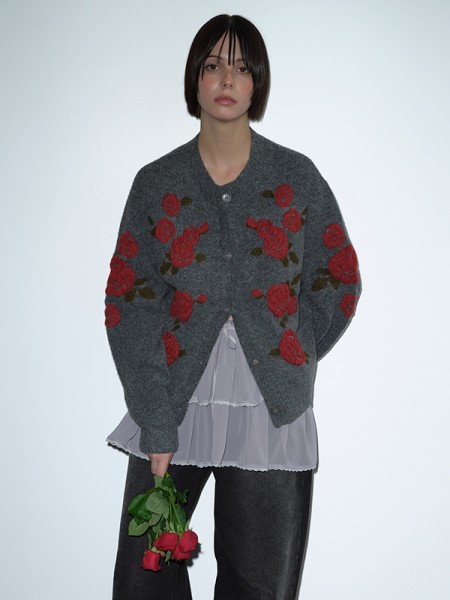 デストロイド ラウンドウールニット カーディガン_[ブラック] | LECYTO